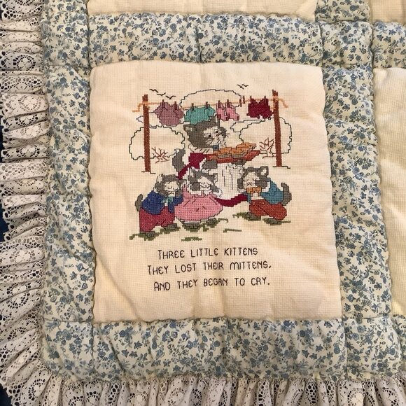 Handmade Childrens Blanket Quilt With Cross Stitch Nursery Rhymes Kitschy 45”x32 - Picture 6 of 14